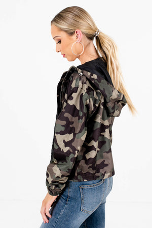 Green Drawstring Hem and Hood Boutique Windbreakers for Women