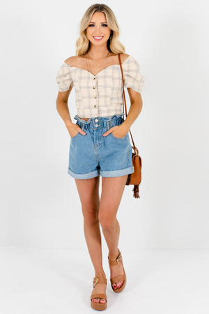 Beige Gray White Plaid Puff Sleeve Button Up Structured Crop Tops