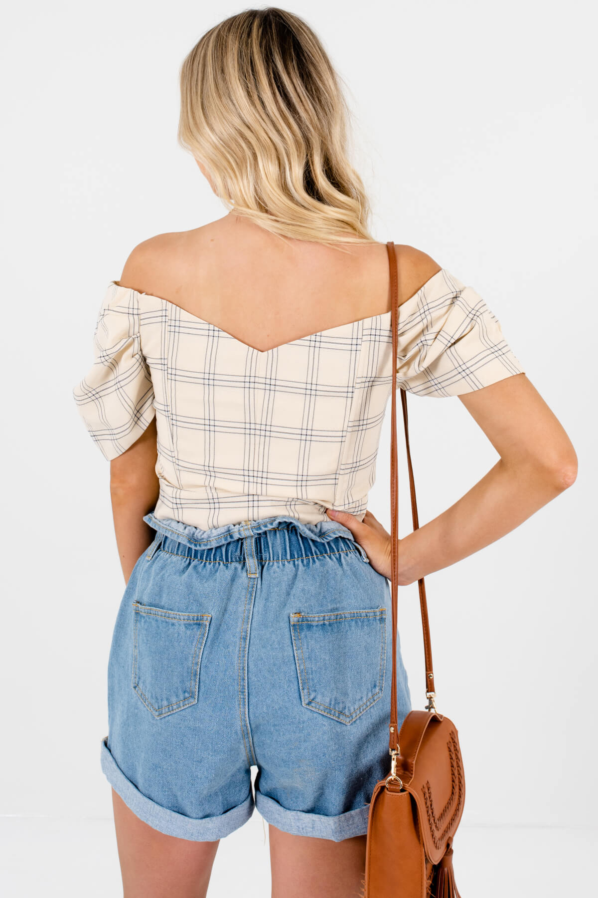 Yellow Beige Gray White Plaid Button Up Puff Sleeve Crop Tops