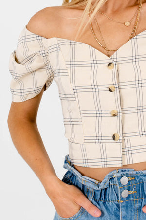 Yellow Beige Plaid Button Up Puff Sleeve Off Shoulder Crop Tops