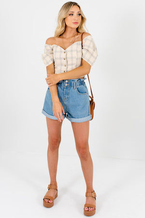 Beige Plaid Button-Up Puff Sleeve Off Shoulder Crop Tops