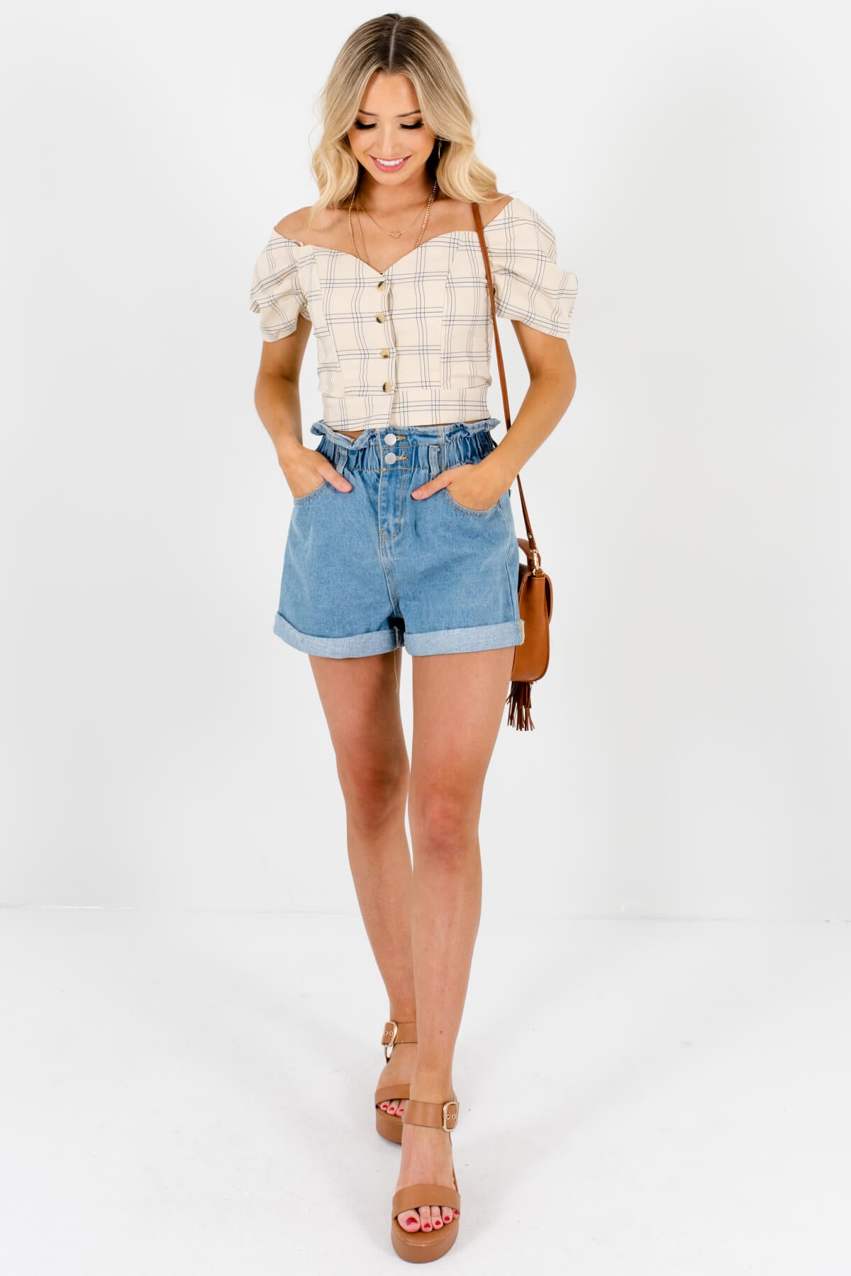 Beige Plaid Off Shoulder Puff Sleeve Button Up Crop Tops for Women