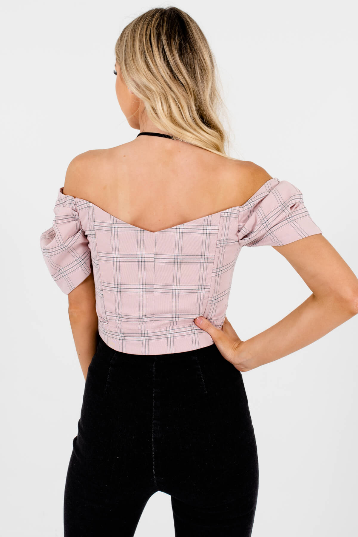 Pink Plaid Puff Sleeve Button Up Structured Crop Tops for Women