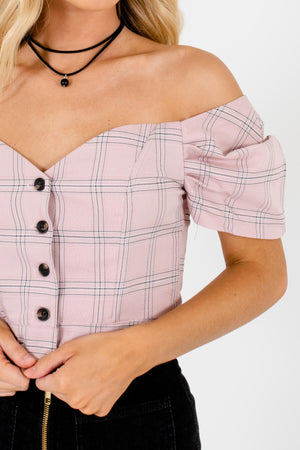 Mauve Pink Plaid Button Up Puff Sleeve Structured Crop Tops