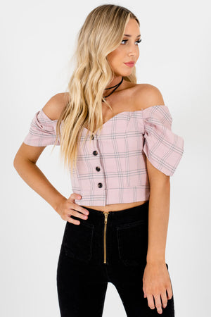 Pink Plaid Button Up Off Shoulder Puff Sleeve Crop Tops for Women