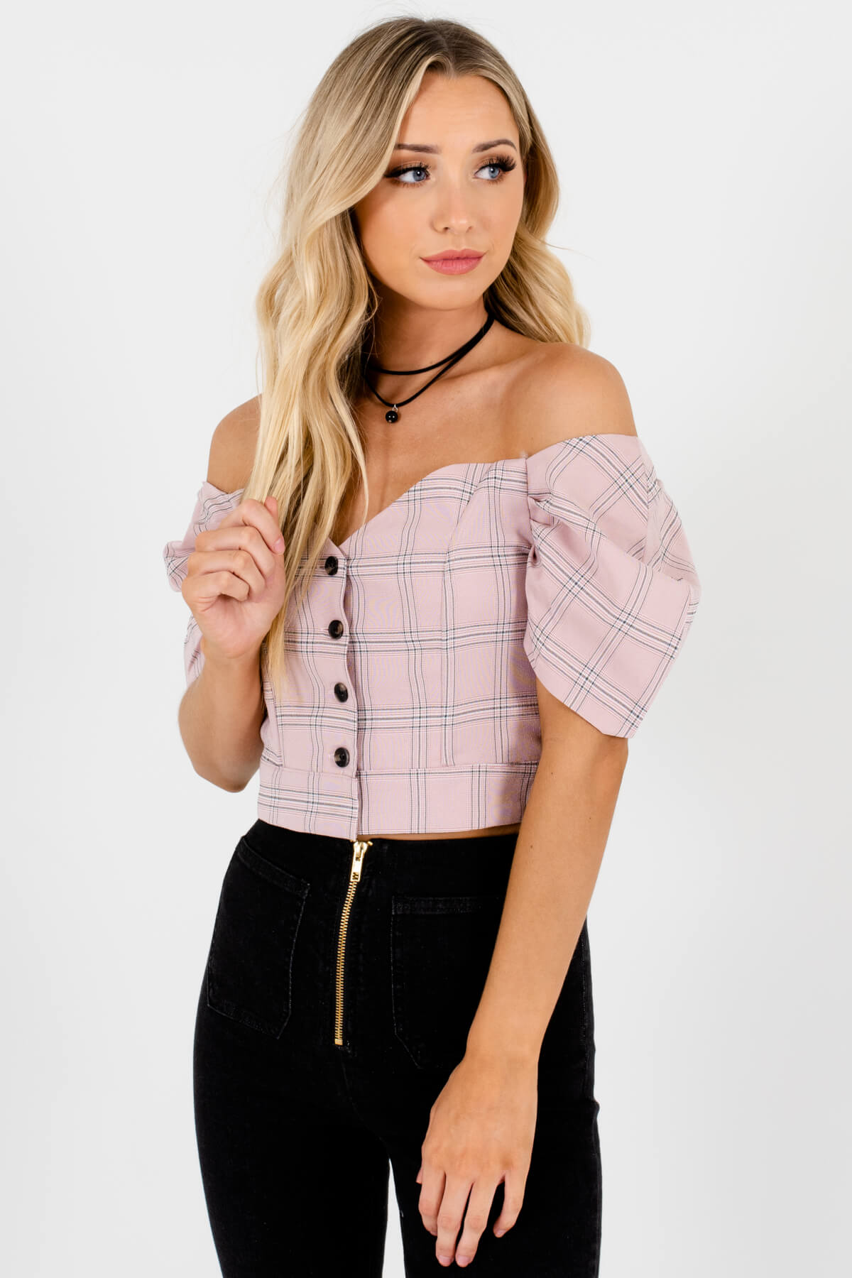 Mauve Pink Plaid Puff Sleeve Button Up Structured Crop Tops
