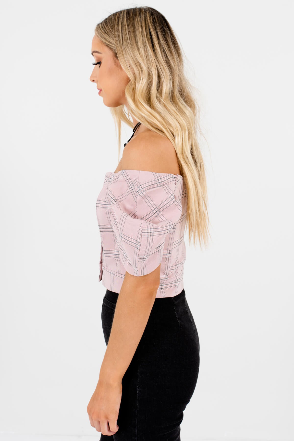 Mauve Pink Gray Plaid Button Up Puff Sleeve Crop Tops for Women