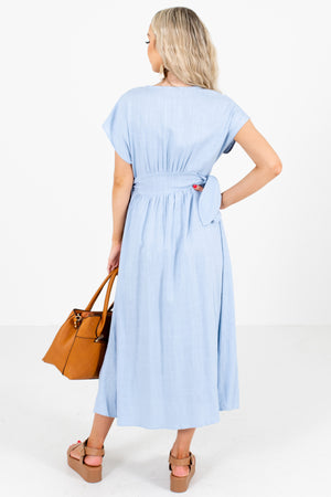 Women's Blue Self-Tie Accented Boutique Midi Dress
