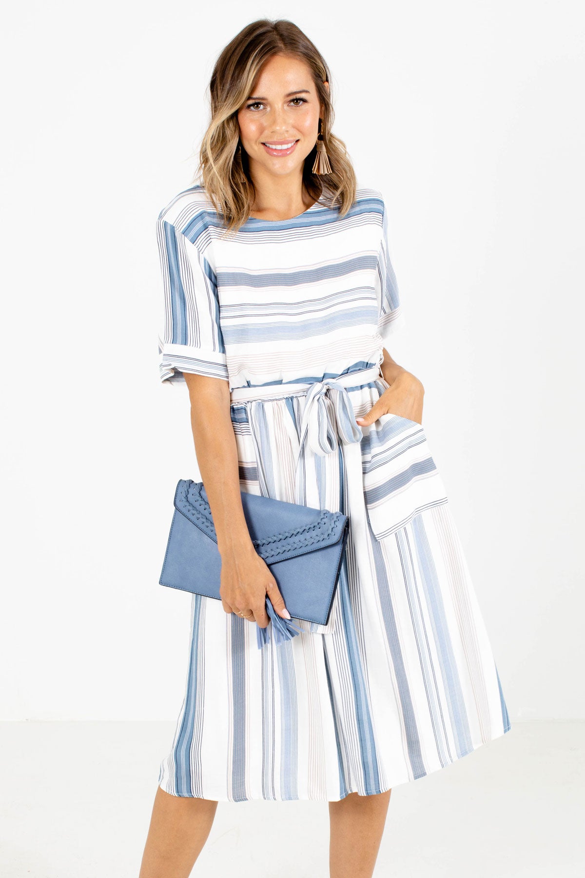 White and Blue Striped Patterned Boutique Knee-Length Dresses for Women