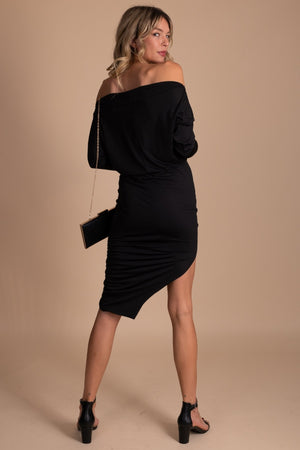 Women's Black Midi Dress with High Low Hem and Bodycon Fit