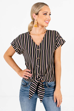 Navy Olive and Rust Striped Boutique Button-Up Tops for Women