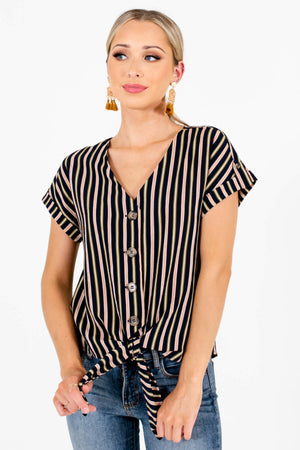Navy Olive and Rust Striped Cute Short Sleeve Boutique Tops for Women
