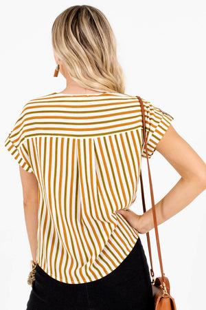 White Olive and Rust Striped Women's Tie Front Boutique Top