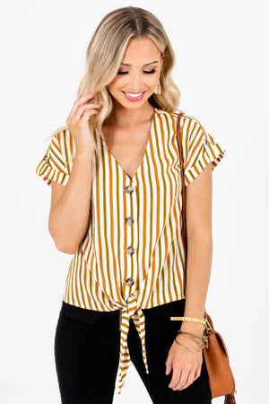 White Olive and Rust Striped Boutique Button-Up Tops for Women