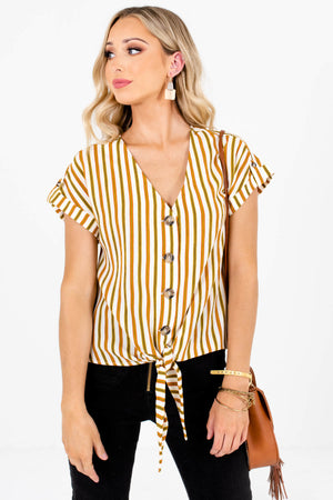 White Olive and Rust Striped Cute Short Sleeve Boutique Tops for Women