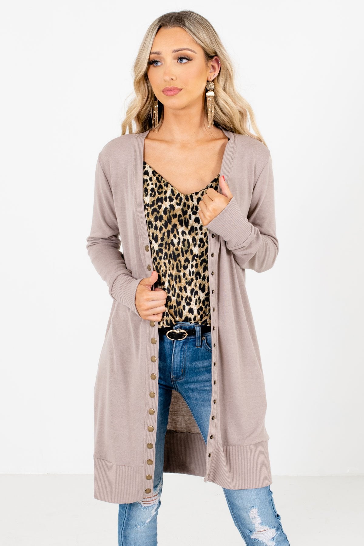 Brown Snap Button-Up Front Boutique Cardigans for Women