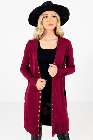 Burgundy Snap Button-Up Front Boutique Cardigans for Women