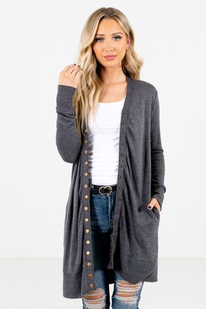 Charcoal Gray Snap Button-Up Front Boutique Cardigans for Women
