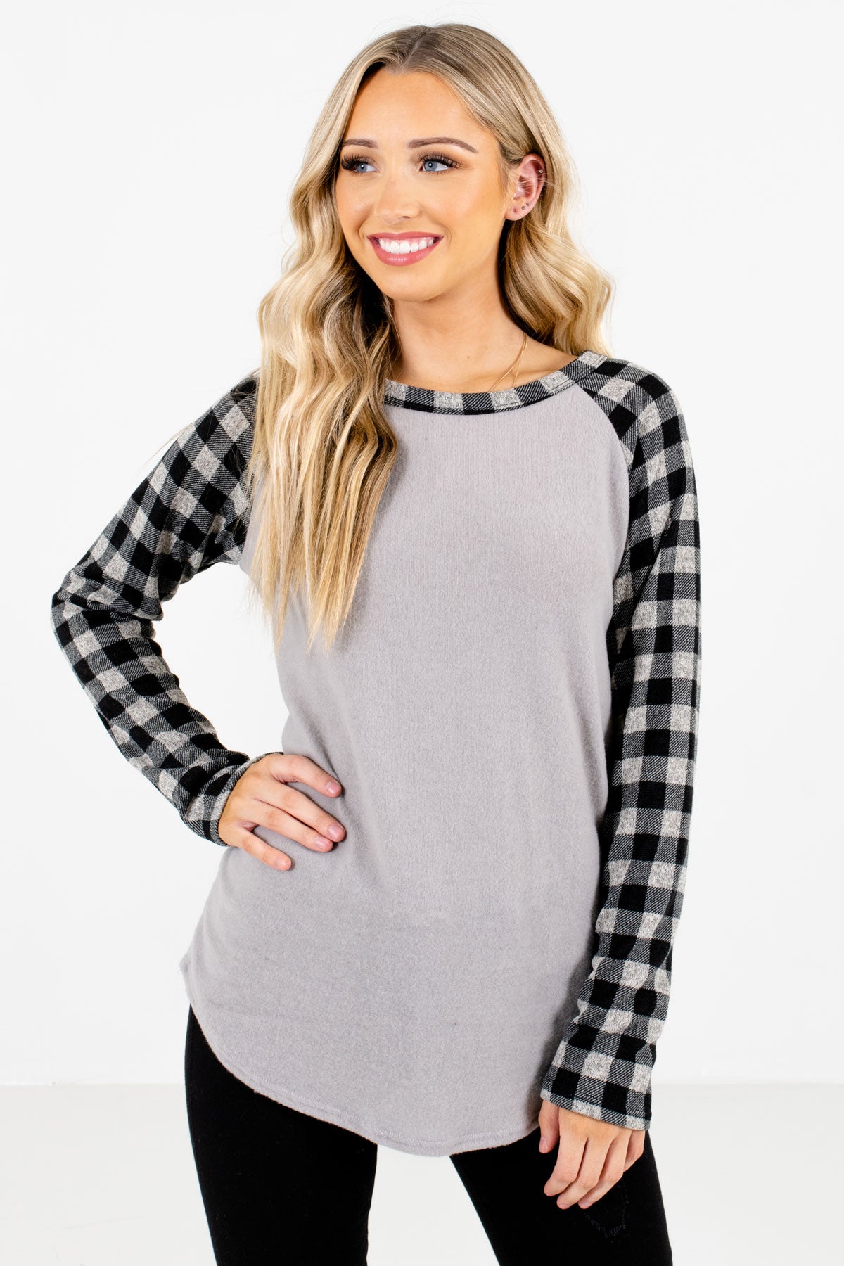 Gray Boutique Tops with Plaid Patterned Sleeve for Women