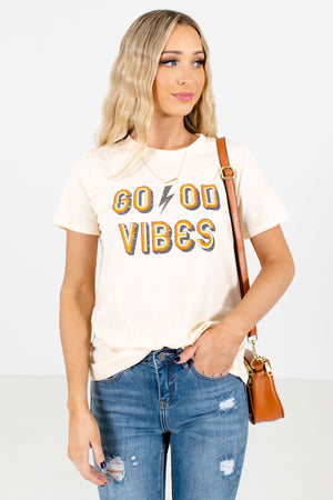 Cream "Good Vibes" Lettering Boutique Graphic Tee Shirts for Women