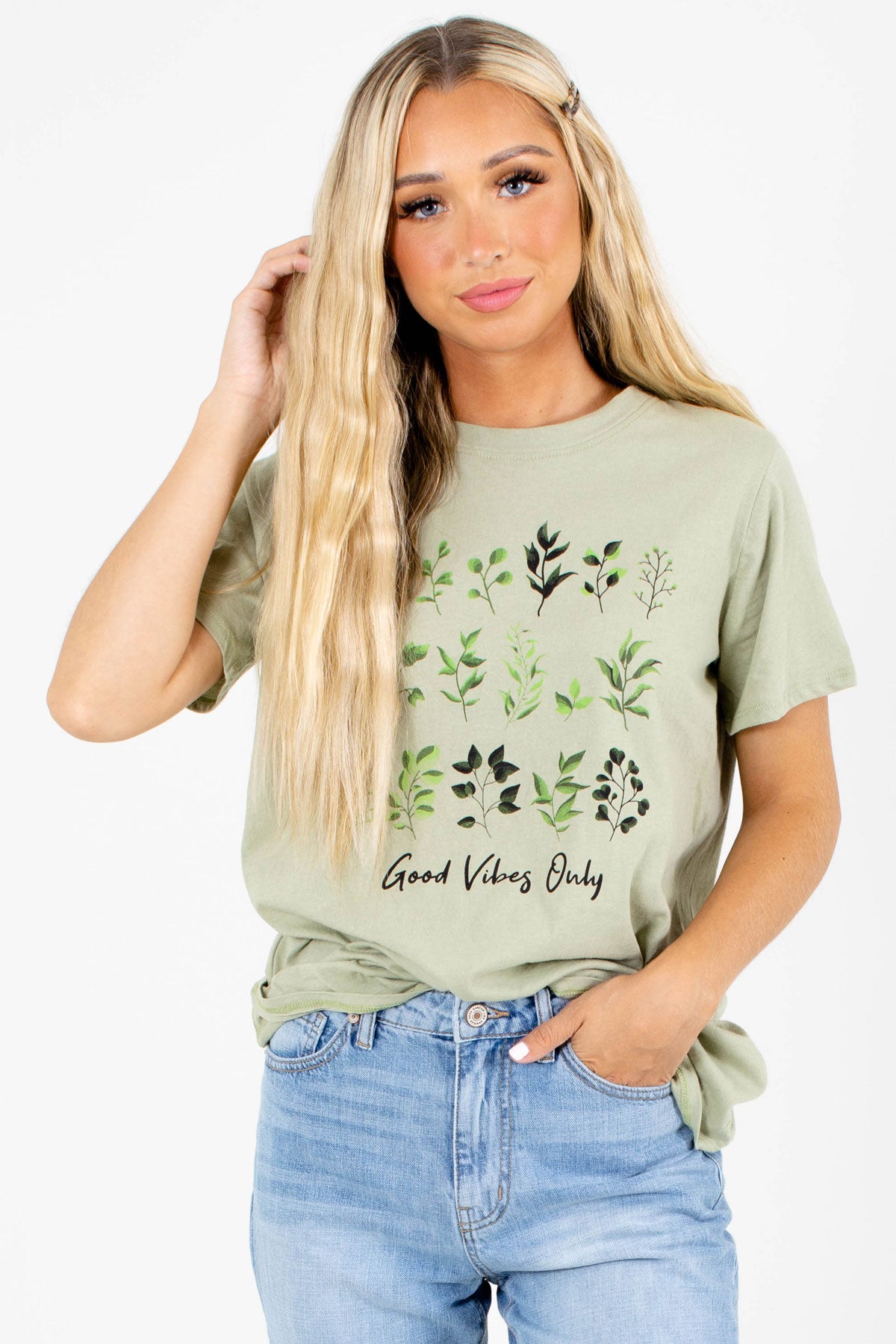 Green "Good Vibes Only" Lettering Boutique Graphic Tees for Women