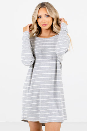 Heather Gray and White Striped Boutique Mini Dresses for Women
