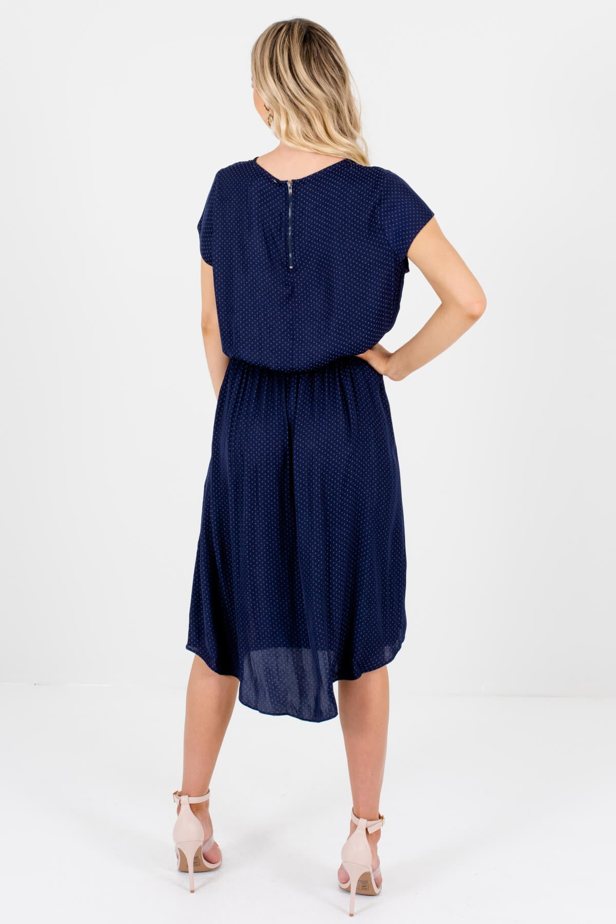 Women's Blue Elastic Waistband Boutique Knee-Length Dresses