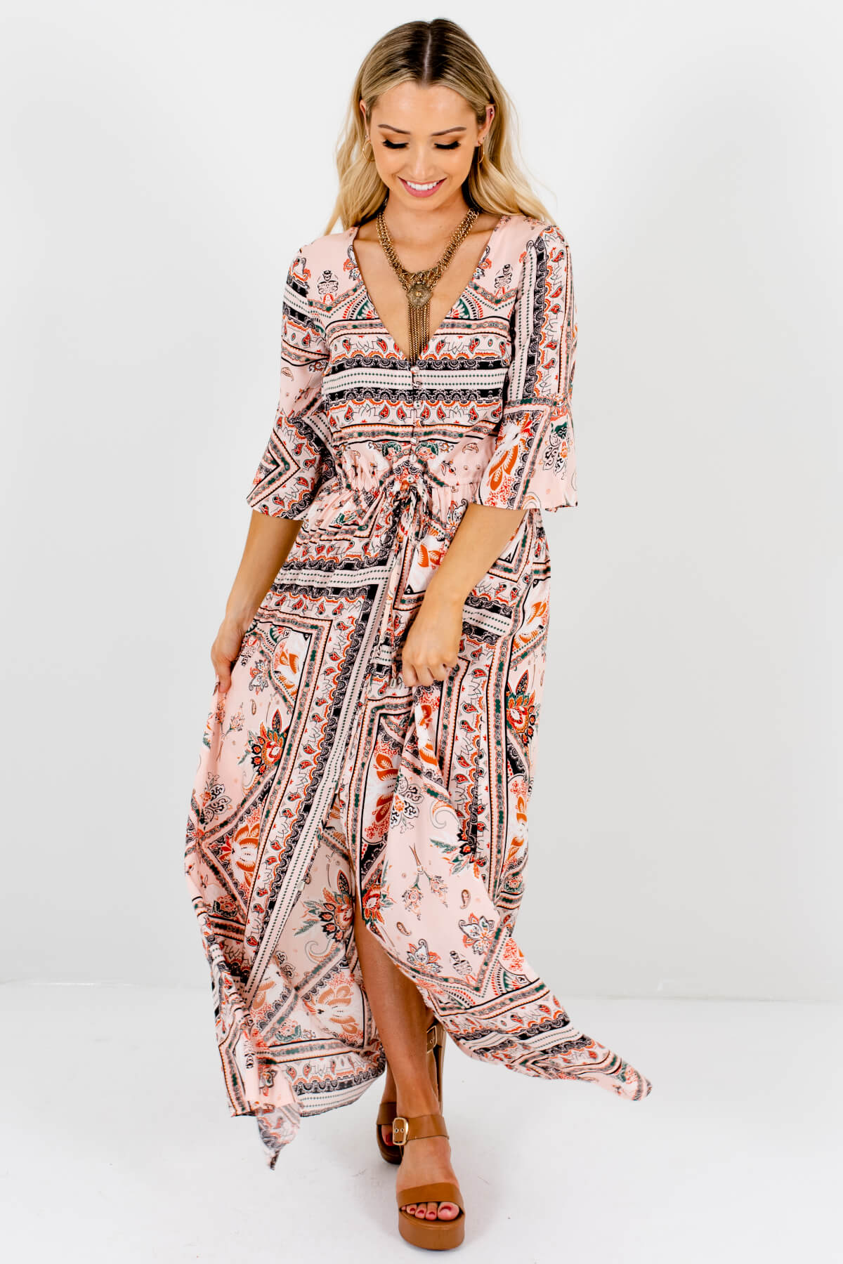 Pink Multicolored Abstract Boho Maxi Dresses for Women