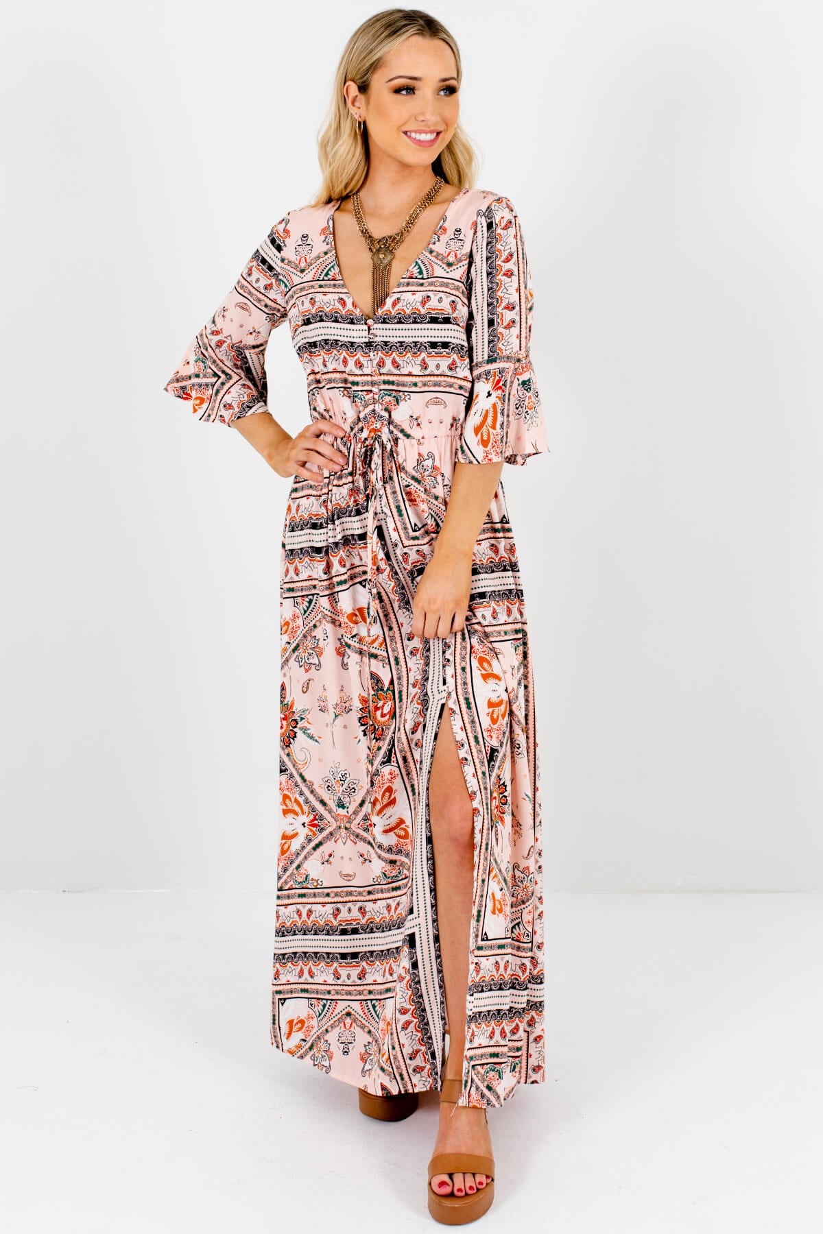 Pink Abstract Scarf Print Boho Boutique Maxi Dresses for Women
