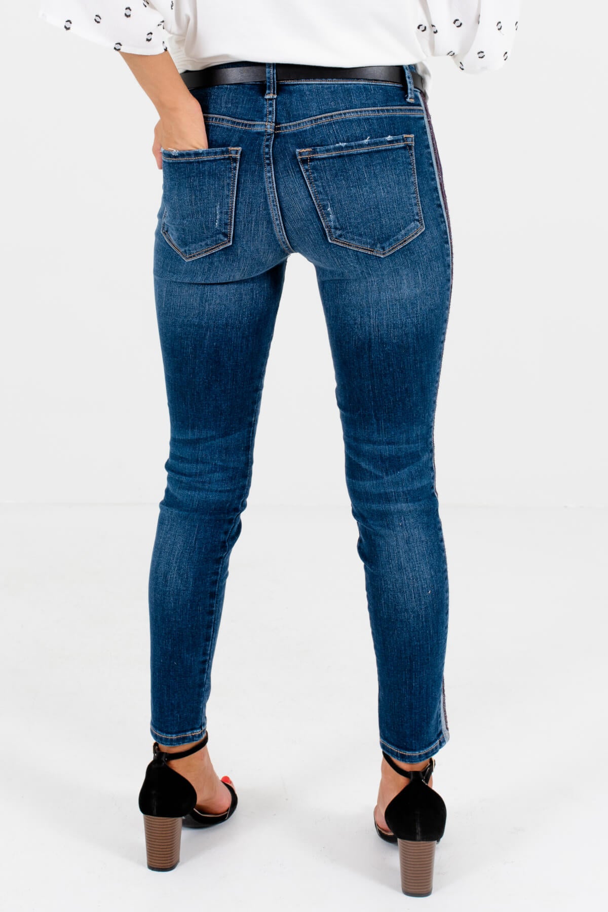 Women's Dark Wash Denim Blue Contrasting Striped Sides Boutique Jeans