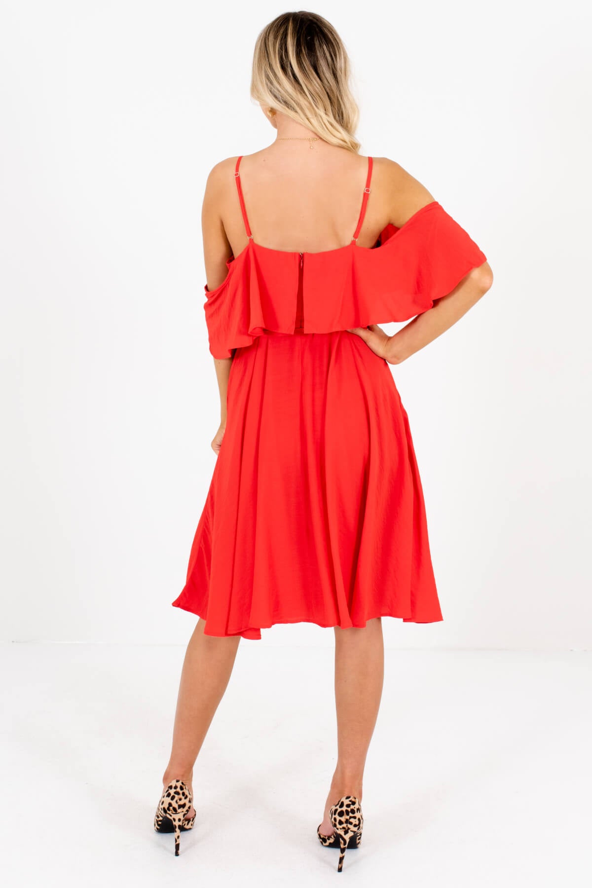 Women's Red Adjustable Spaghetti Strap Boutique Knee-Length Dress