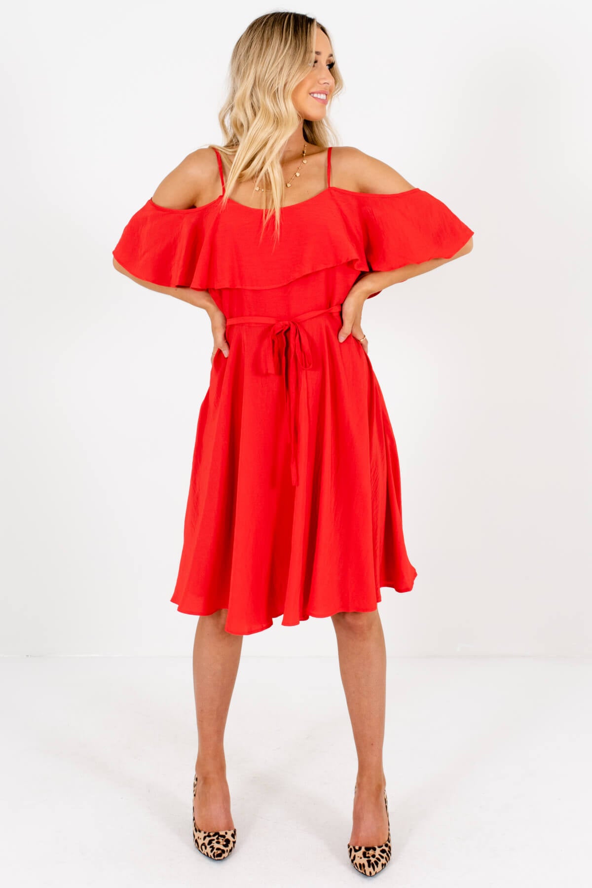 Red Waist Tie Detail Boutique Knee-Length Dresses for Women