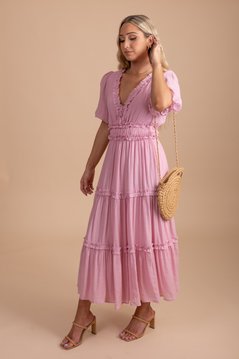 pink ruffle tiered skirt midi dress