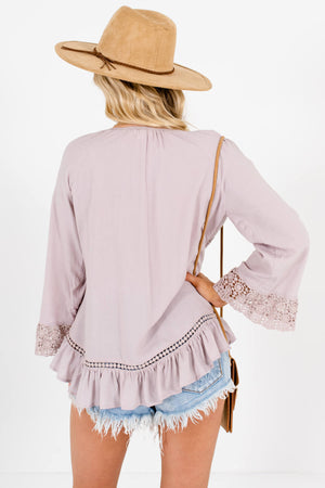 Taupe Crochet Lace Ruffle Bell Sleeve Peasant Blouses for Women