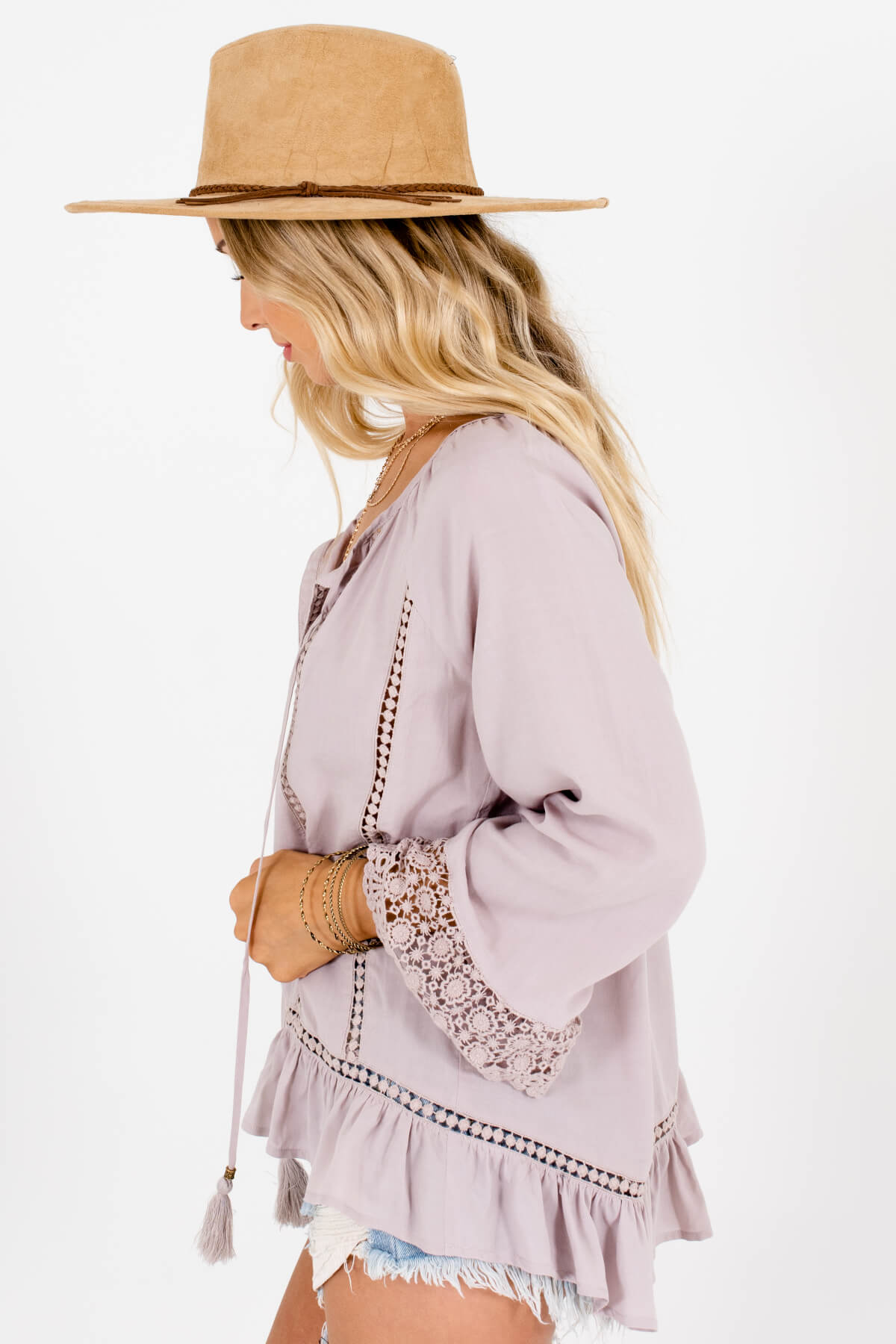 Taupe Gray Crochet Lace Tassel Peasant Blouses for Women