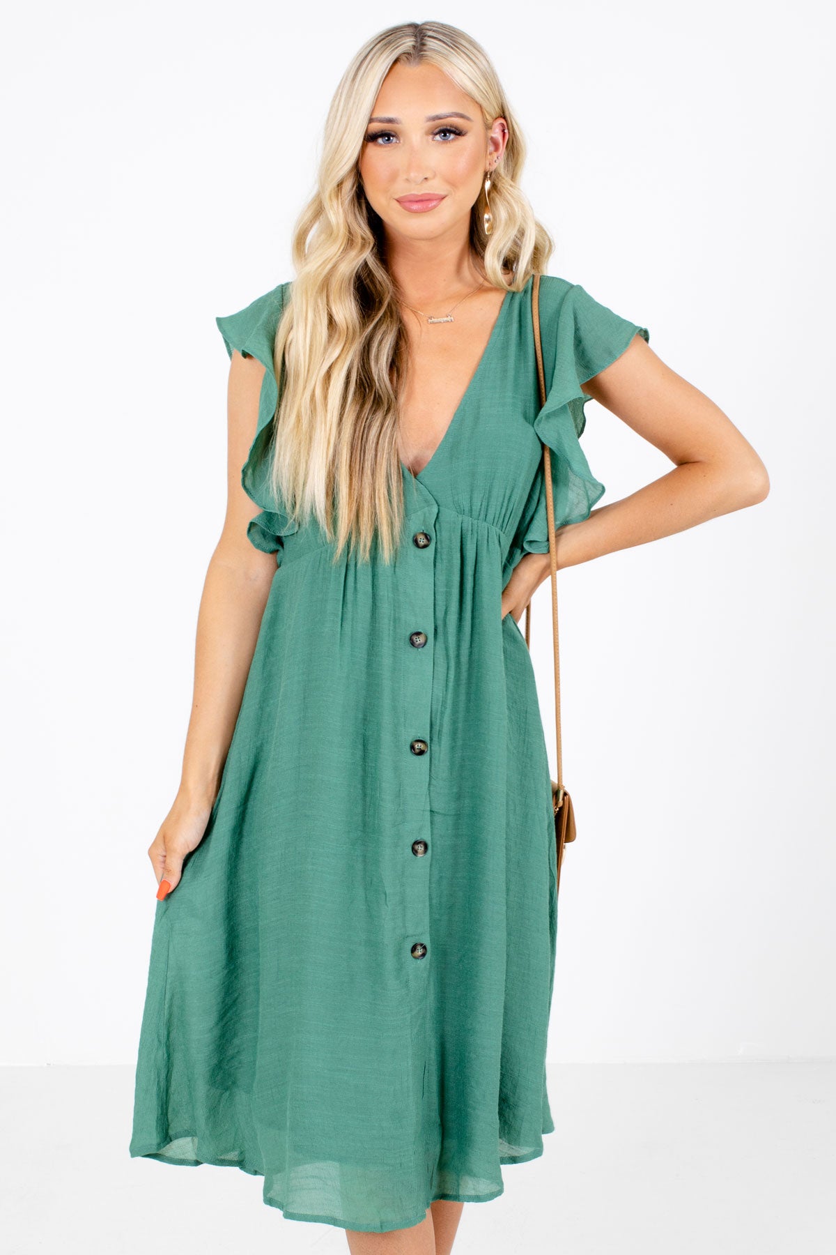 Green Button-Up Front Boutique Midi Dresses for Women