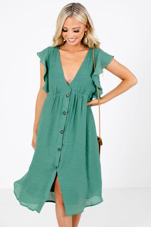 Women's Green Pleated Accented Boutique Midi Dress