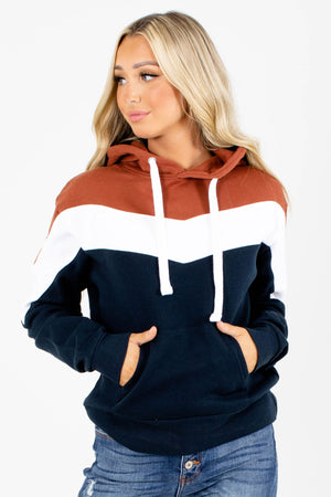 Rust and Navy Color Block Patterned Boutique Hoodies for Women