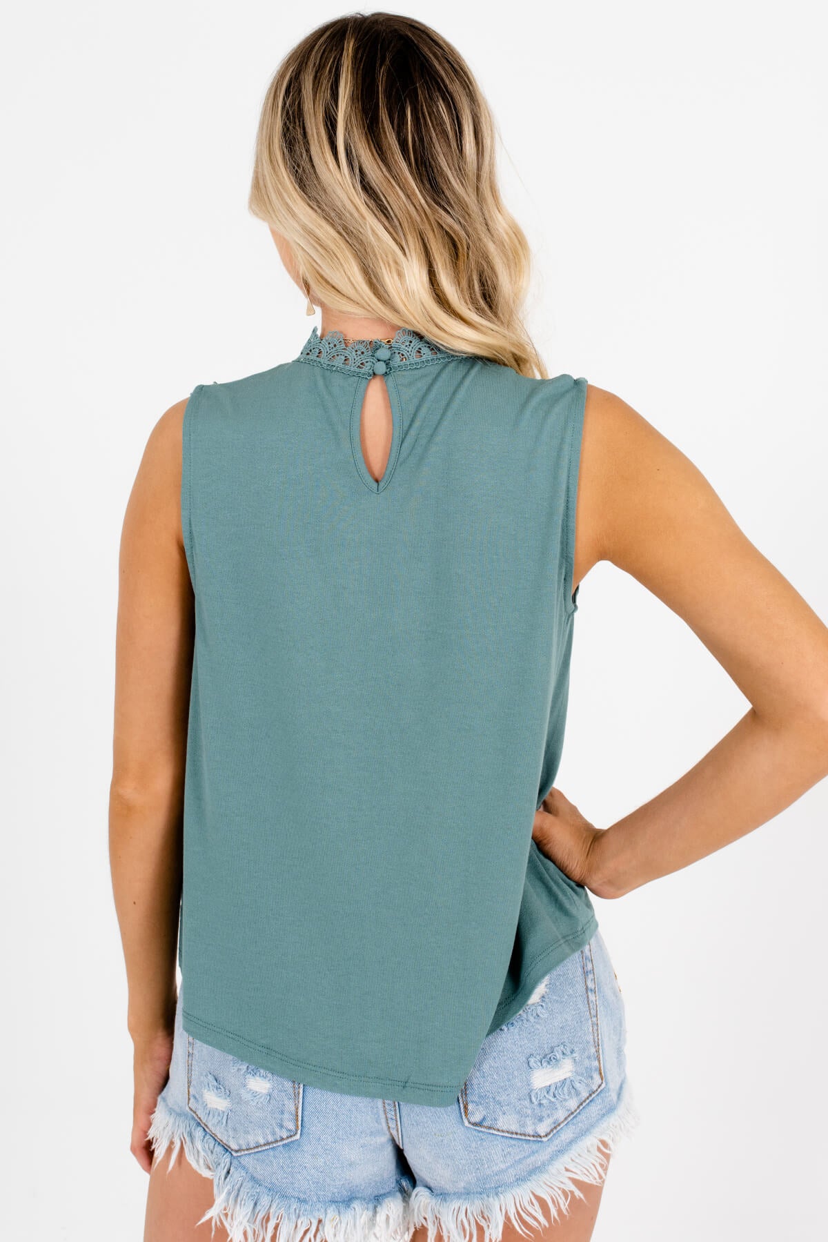 Teal Green Cutout Lace Tank Tops Affordable Online Boutique