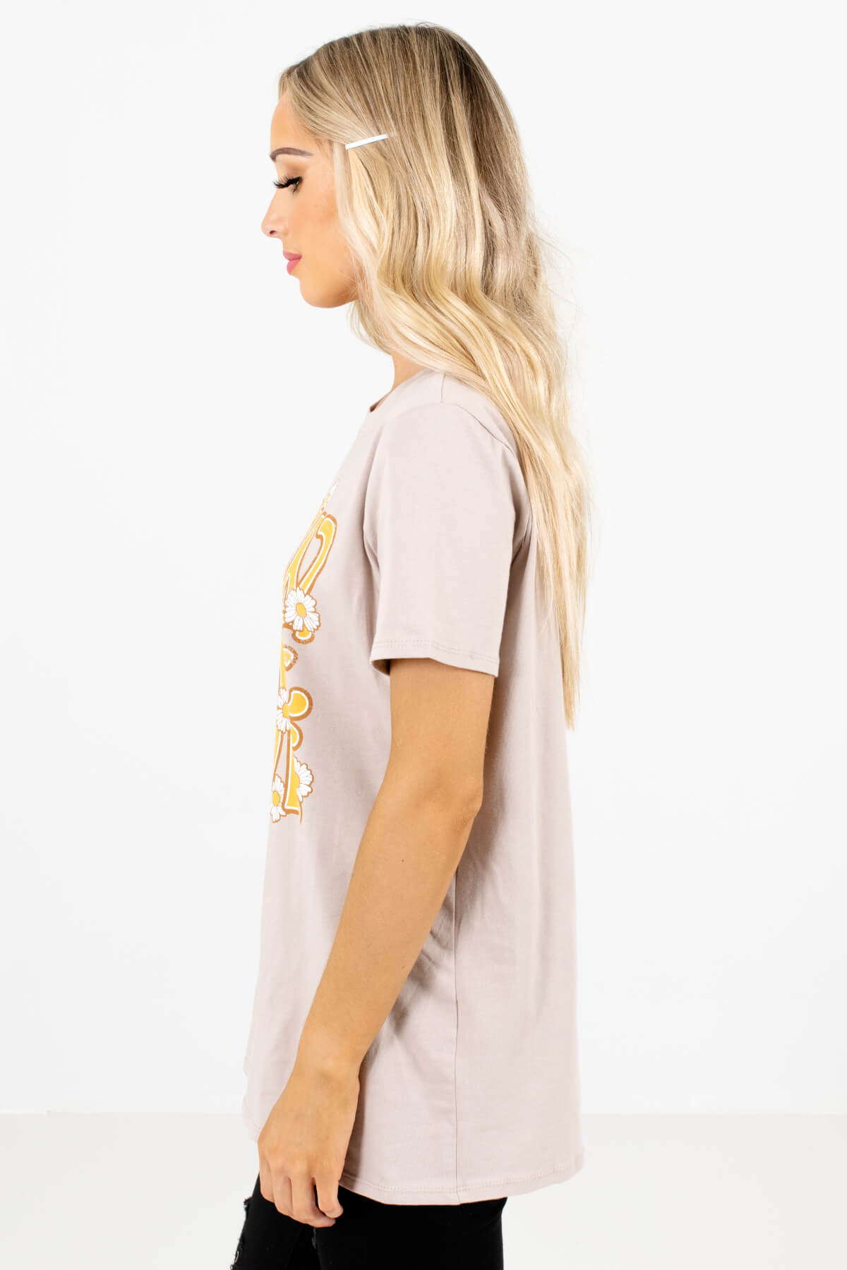 Taupe Brown White Floral Graphic Boutique Tees for Women