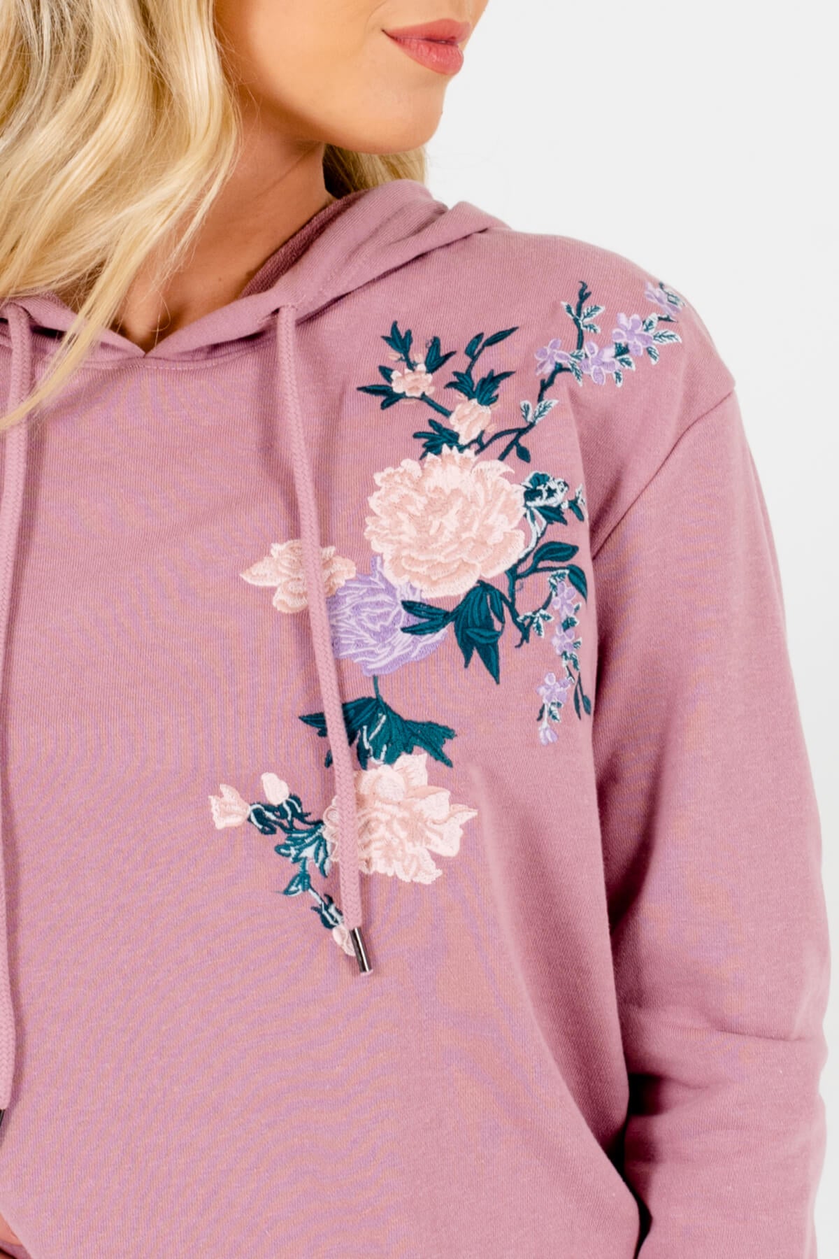 Mauve Purple Floral Embroidered Hoodies Affordable Online Boutique