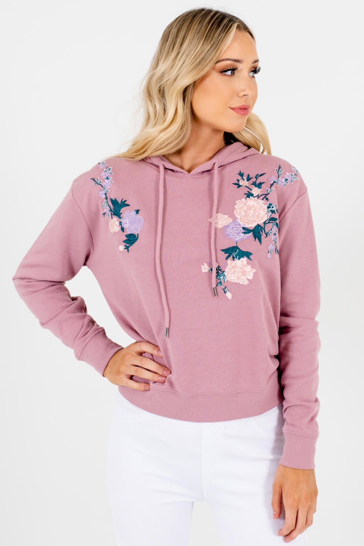 Mauve Purple Cropped Hoodies with Rose Floral Embroidery