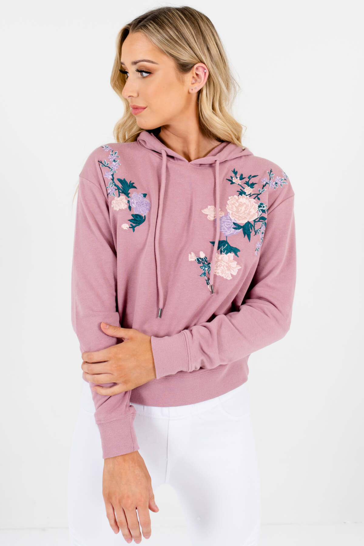 Mauve Purple Pink Green Lavender Floral Embroidered Cropped Hoodies