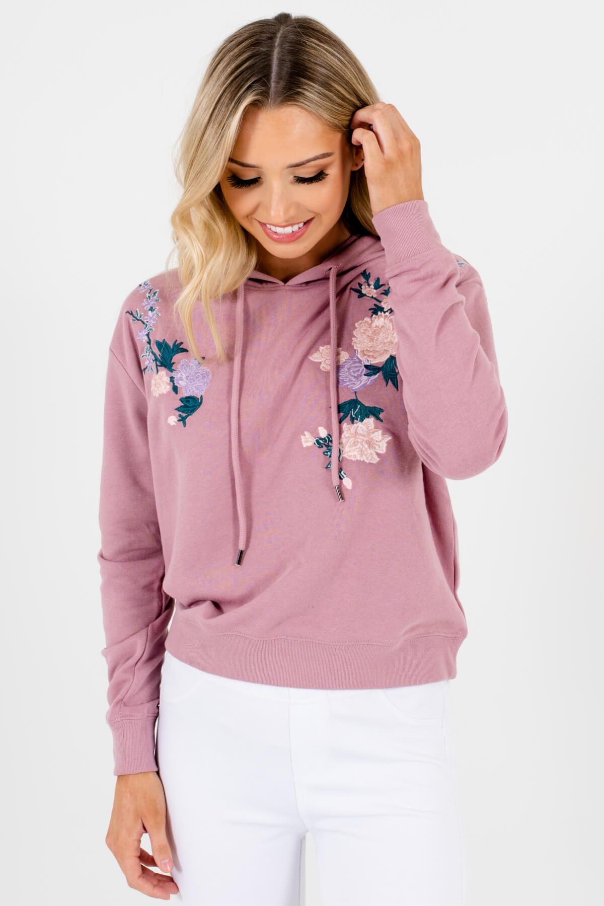 Mauve Purple Lightweight Cropped Hoodies with Floral Embroidery