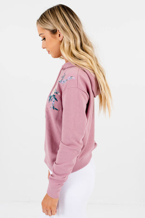 Mauve Purple Lightweight Hoodies with Floral Embroidery and Drawstring Hood