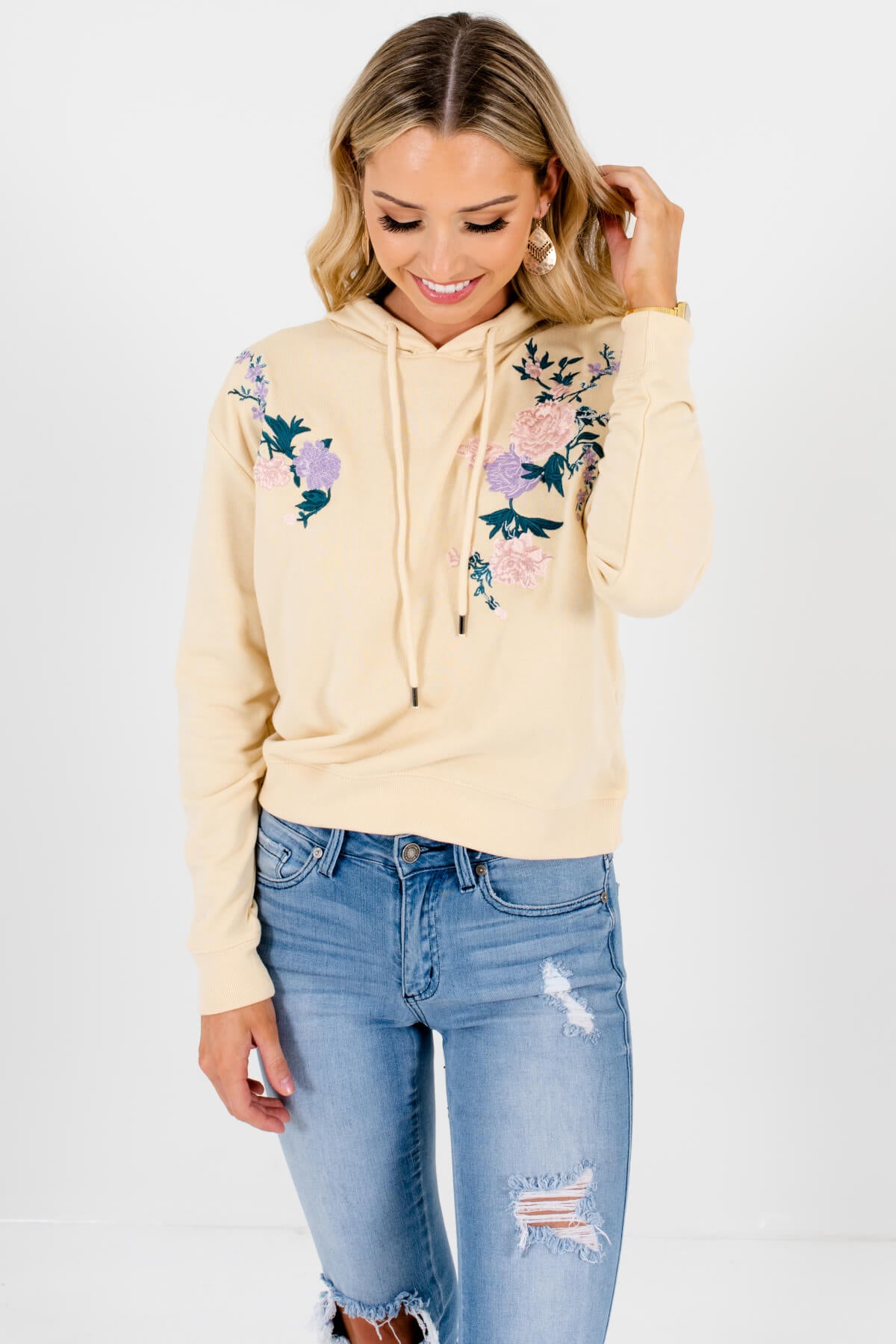 Yellow Pink Lavender Green Embroidered Hoodies for Women