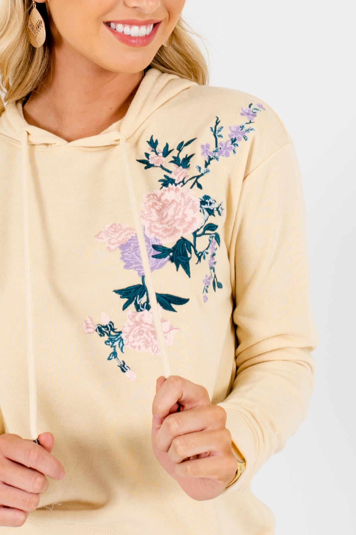 Pastel Yellow Flower Embroidered Hoodies Affordable Online Boutique