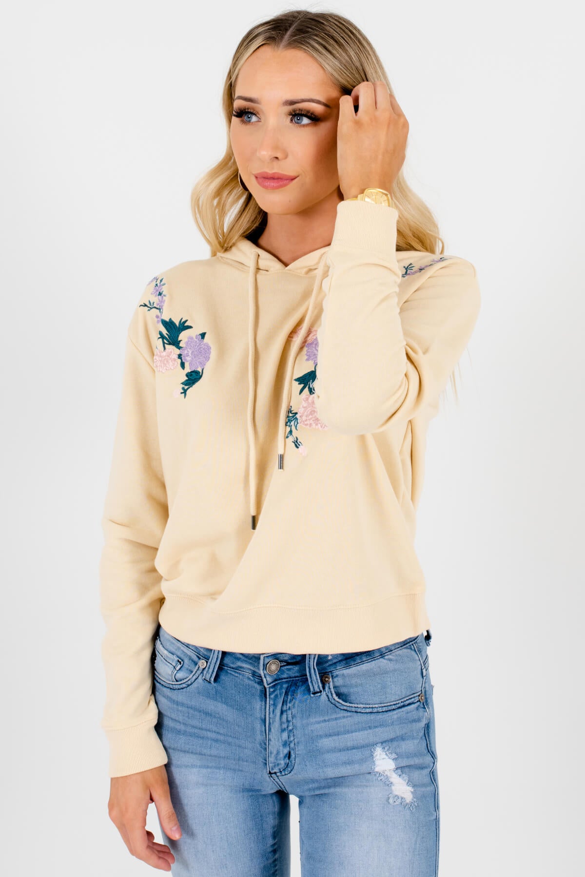 Light Yellow Cute Floral Embroidery Hoodies for Women