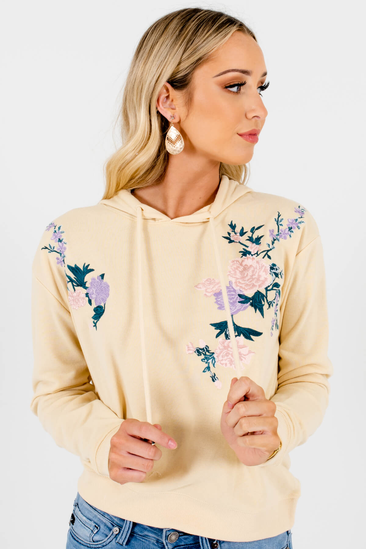 Light Yellow Flower Embroidery Hoodies Affordable Online Boutique