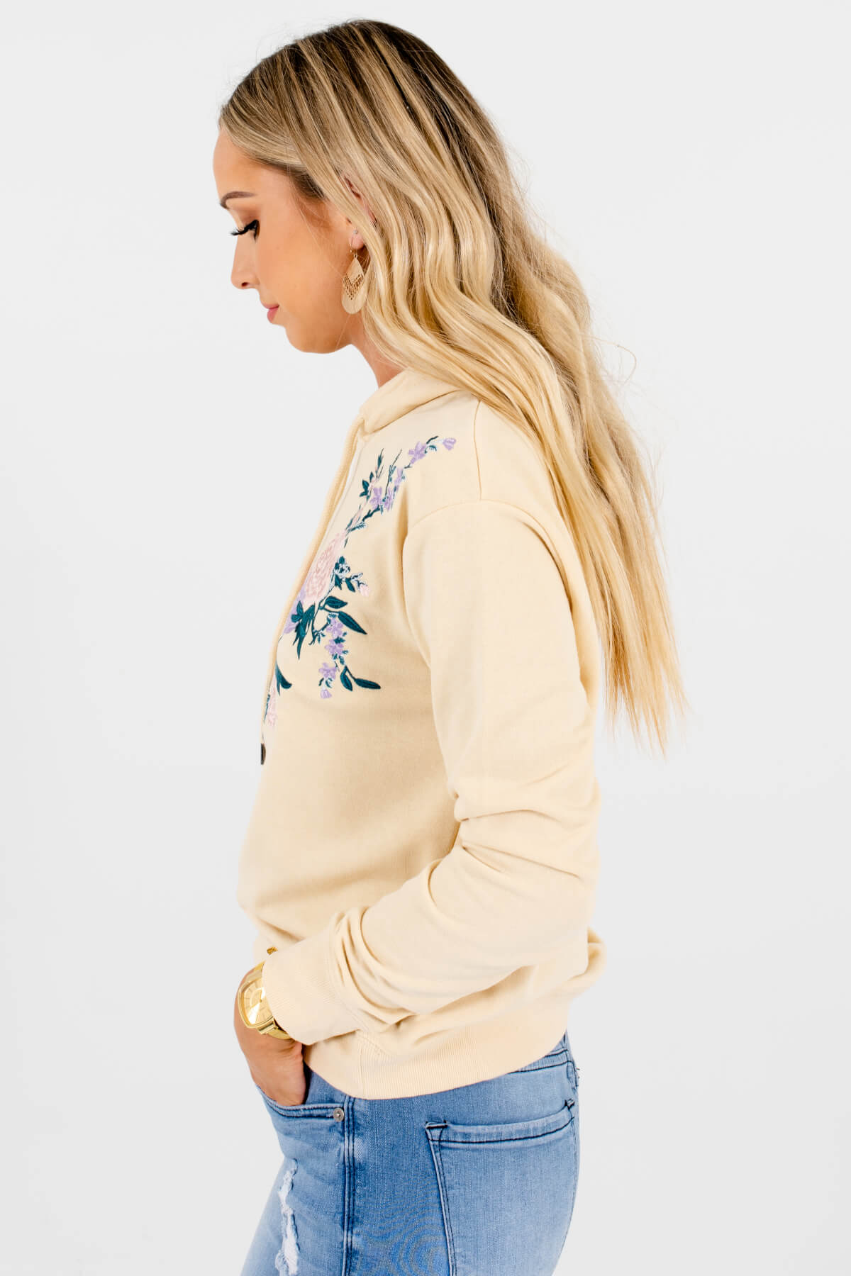 Light Yellow Embroidered Flower Hoodies Affordable Online Boutique